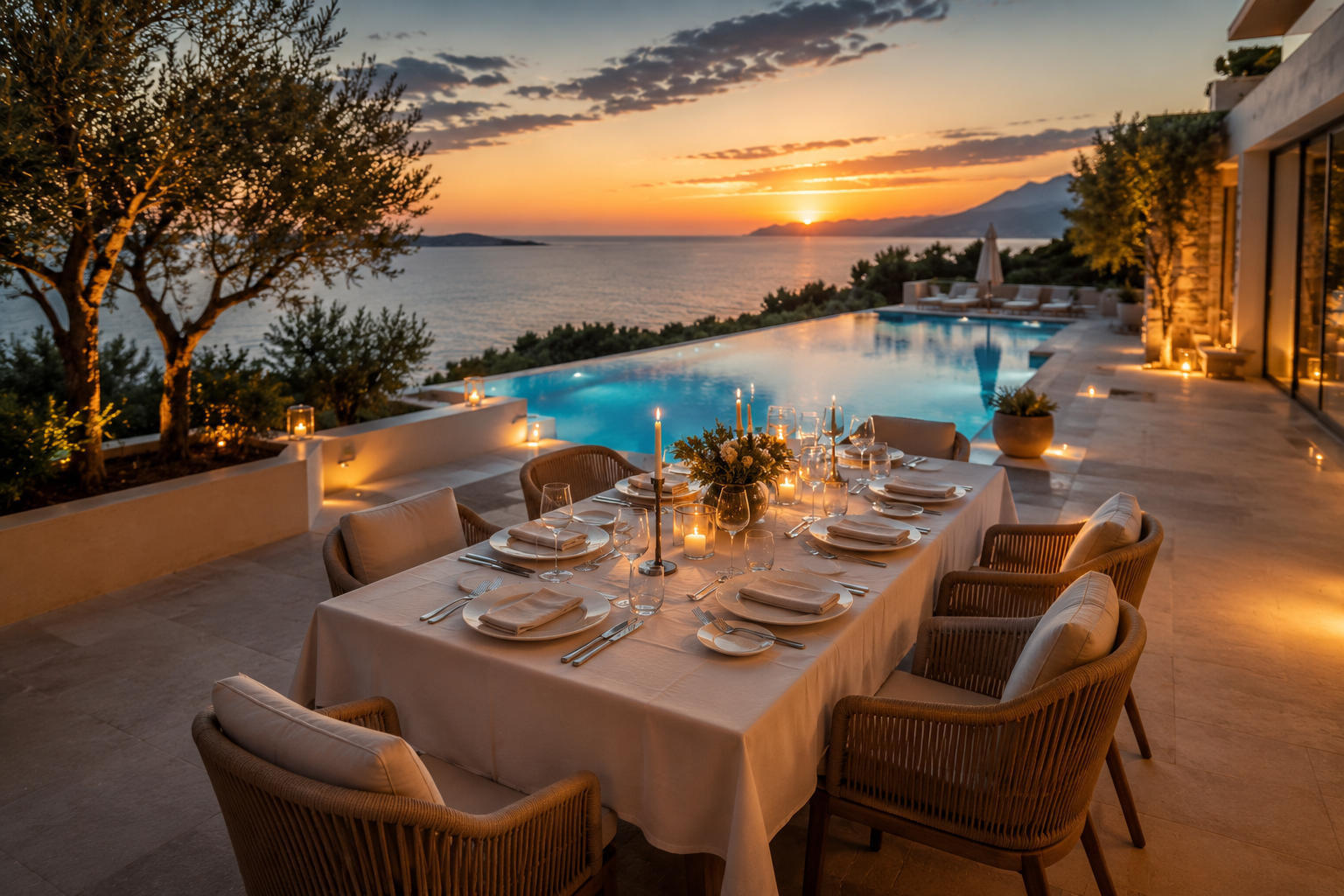 Luxury outdoor dining at sunset